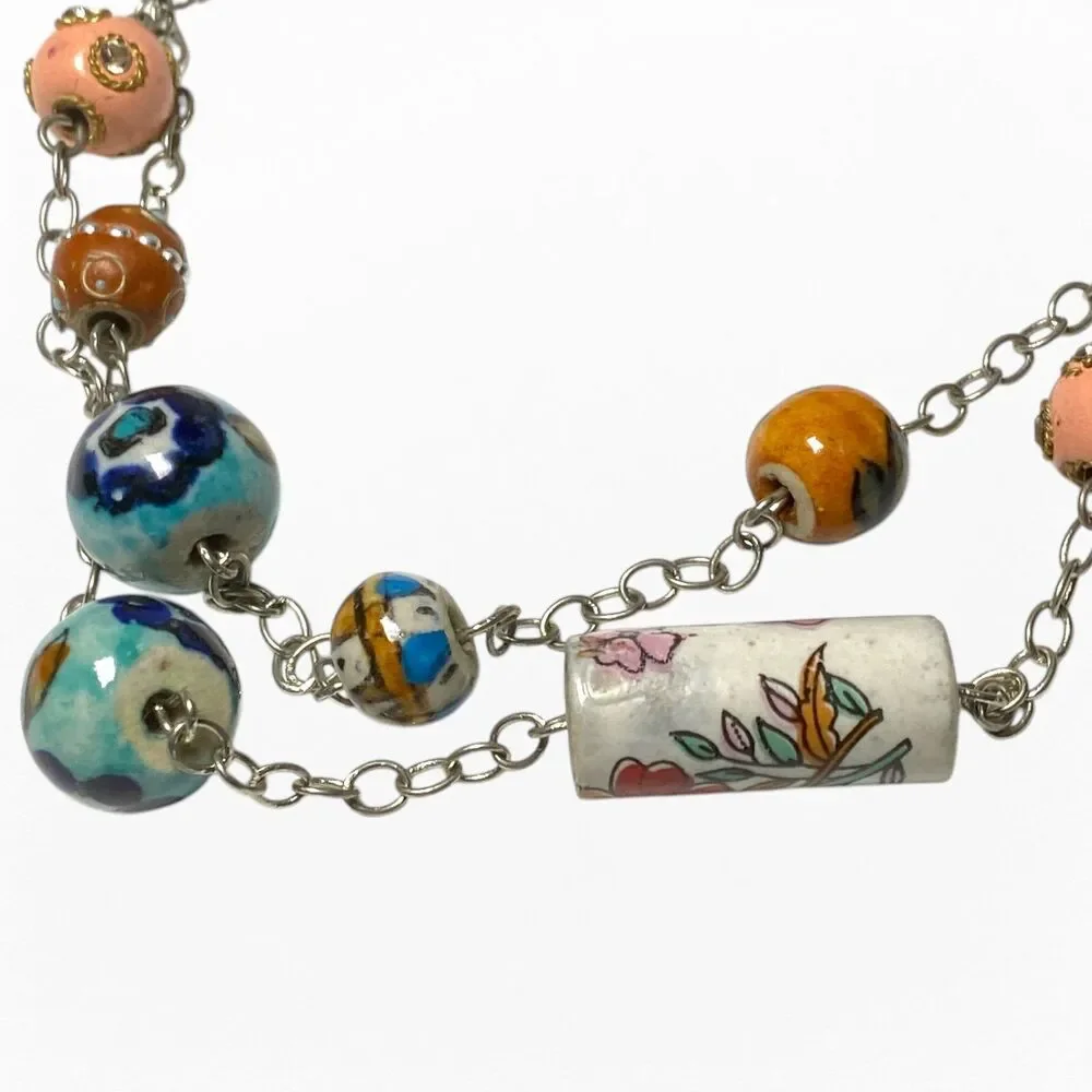 VTG Necklace Ceramic Resin Bead Station Painted Floral Art Long Boho Festival